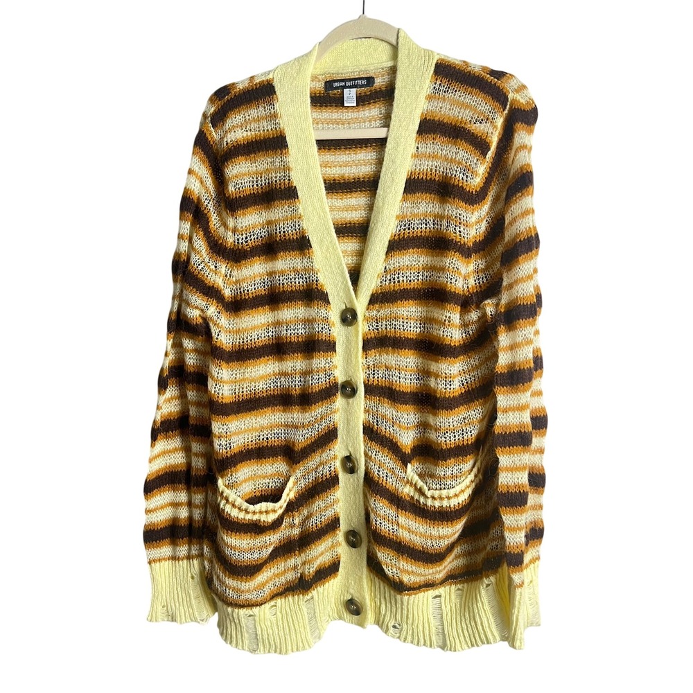 Striped Oversized Cardigan Sweater XL  Grunge Open Knit Brown Yellow Distressed - Picture 2 of 12